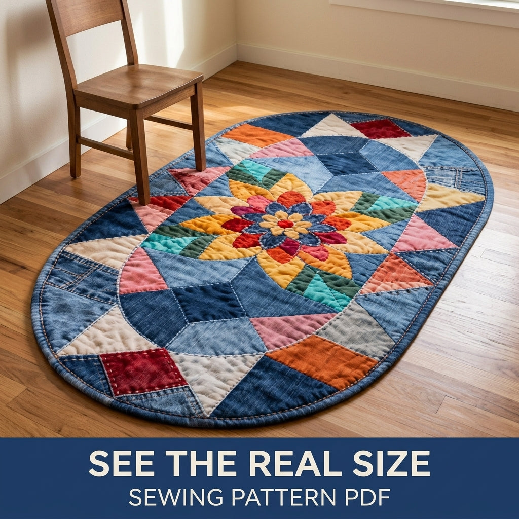 Denim Star Flower Rug Sewing Pattern PDF – Oval Patchwork Rug from Old Jeans