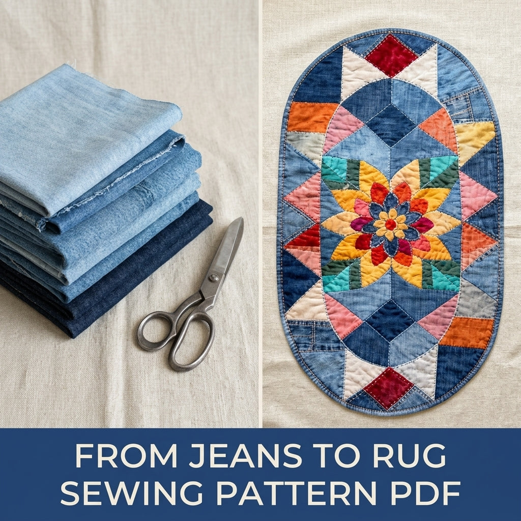 Denim Star Flower Rug Sewing Pattern PDF – Oval Patchwork Rug from Old Jeans