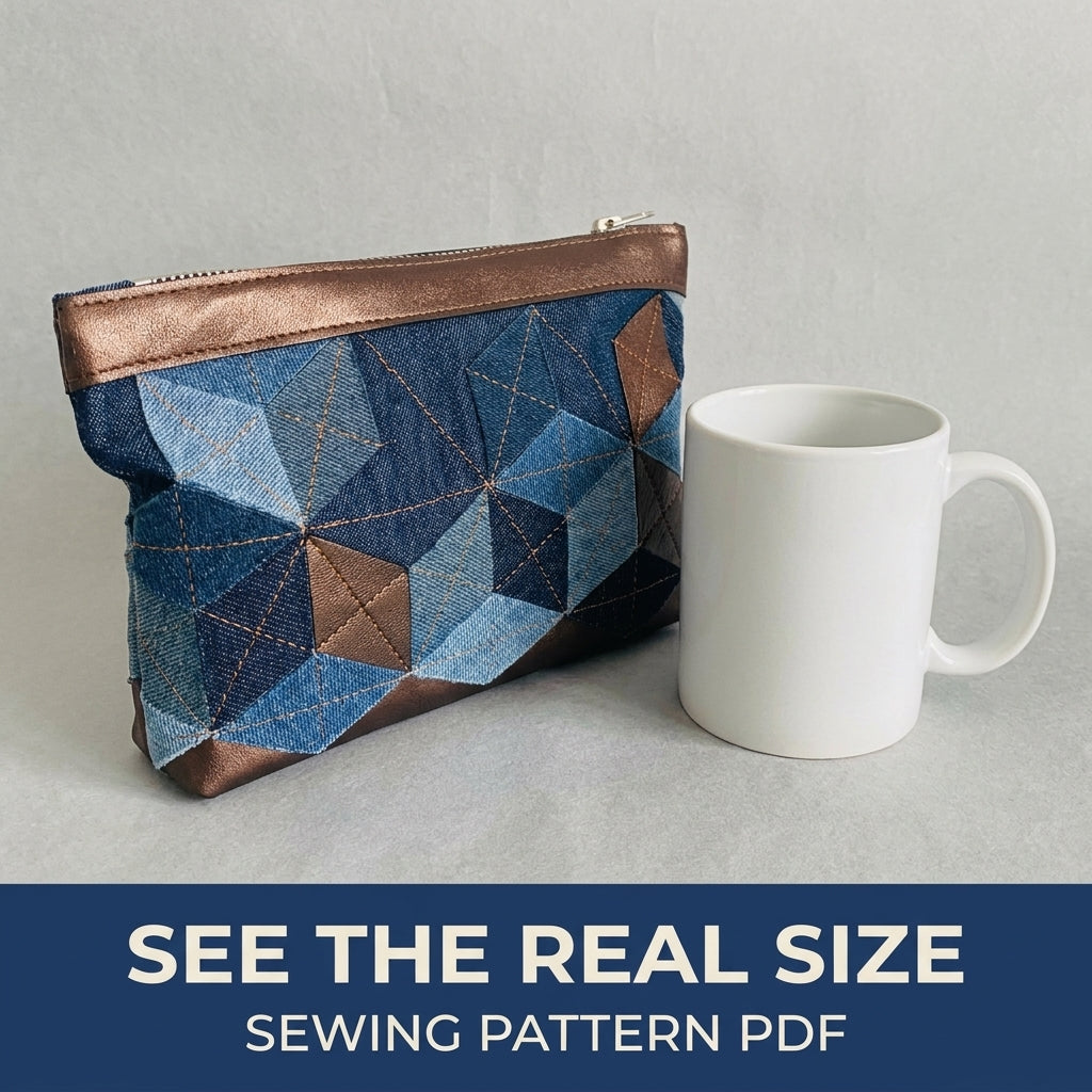 Denim Tumbling Zip Pouch Sewing Pattern PDF – Tumbling Blocks Patchwork Pouch