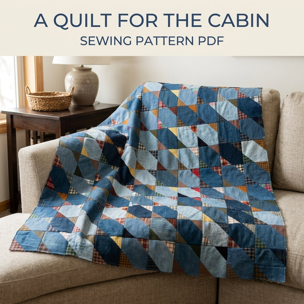 Denim and Plaid Diagonal Quilt Sewing Pattern PDF – Upcycled Jeans and Shirts Quilt