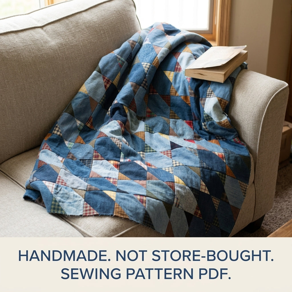 Denim and Plaid Diagonal Quilt Sewing Pattern PDF – Upcycled Jeans and Shirts Quilt