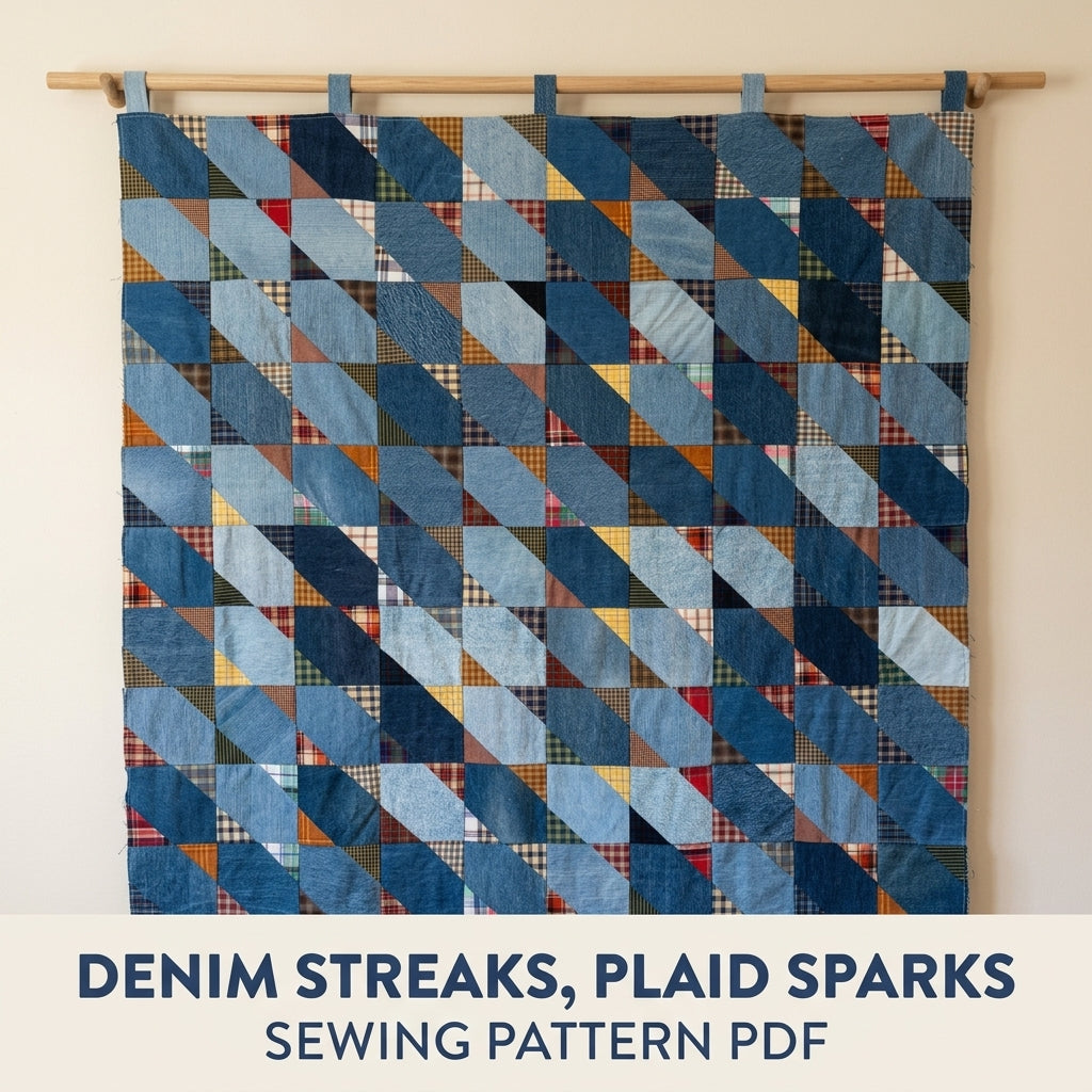 Denim and Plaid Diagonal Quilt Sewing Pattern PDF – Upcycled Jeans and Shirts Quilt