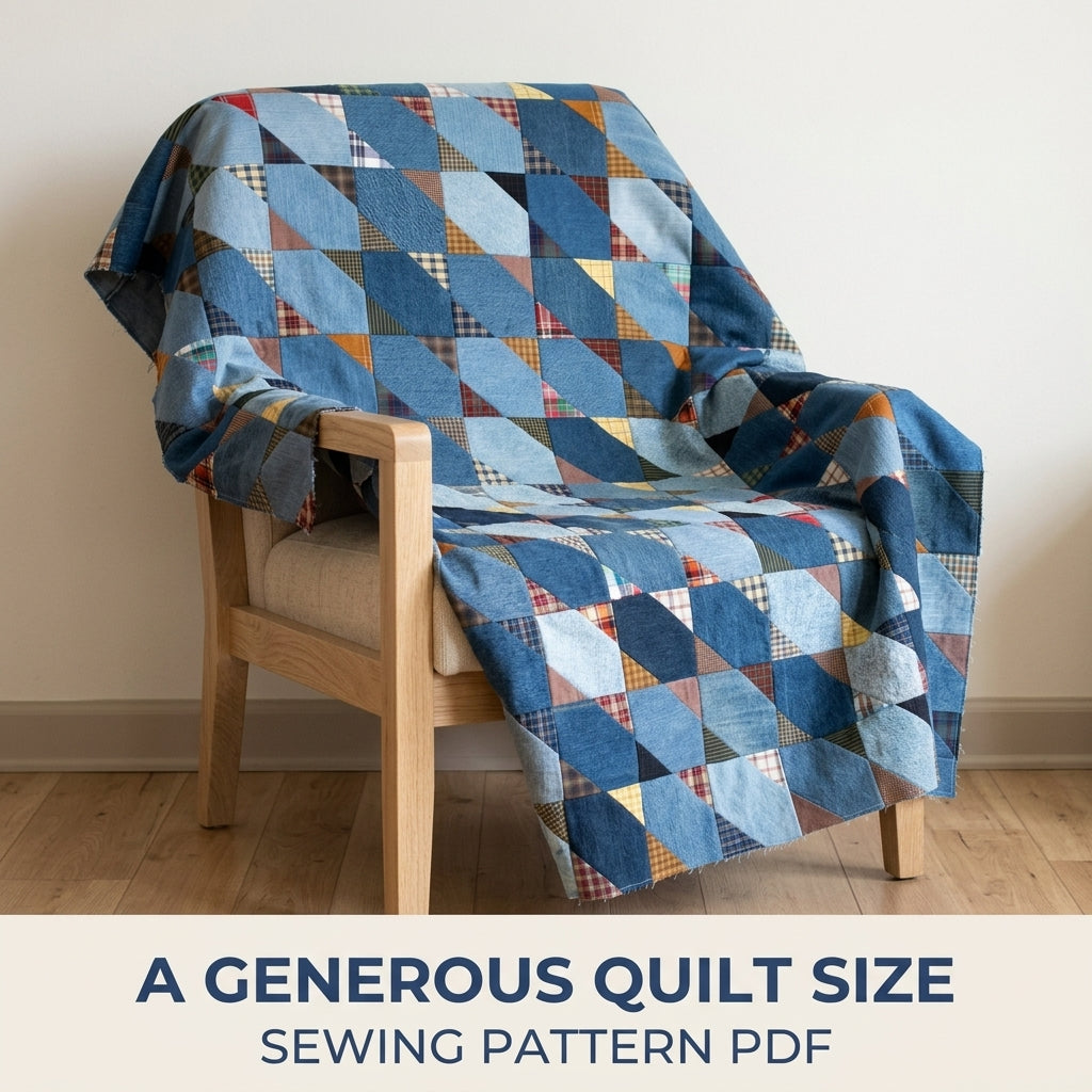 Denim and Plaid Diagonal Quilt Sewing Pattern PDF – Upcycled Jeans and Shirts Quilt