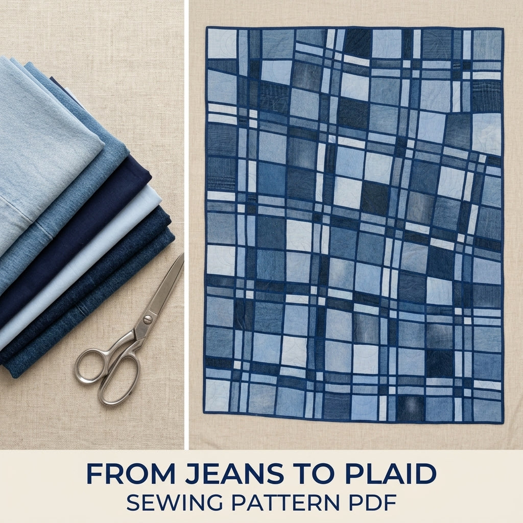 Denim Plaid Quilt Sewing Pattern PDF – Upcycled Jeans Tartan Quilt