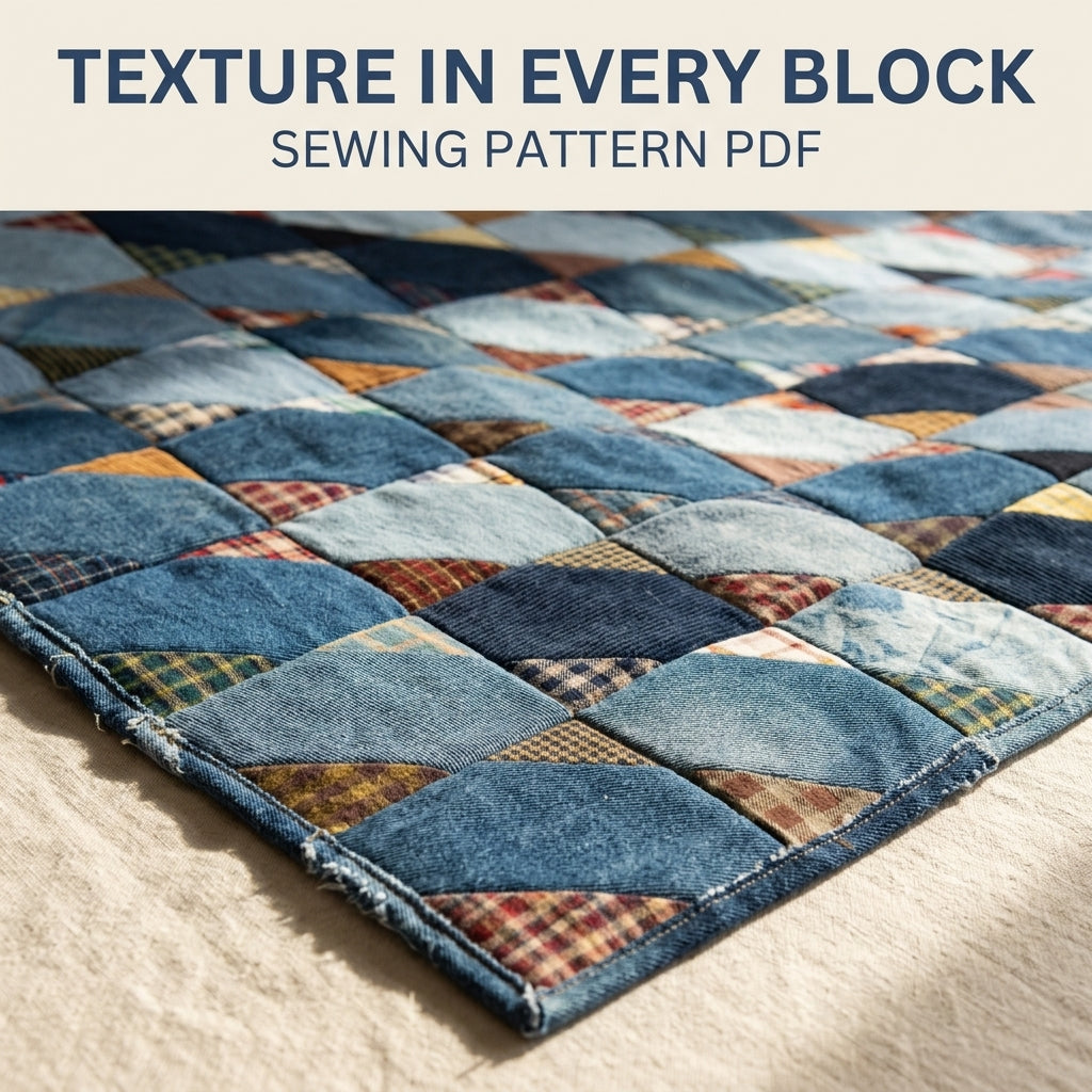 Denim and Plaid Diagonal Quilt Sewing Pattern PDF – Upcycled Jeans and Shirts Quilt