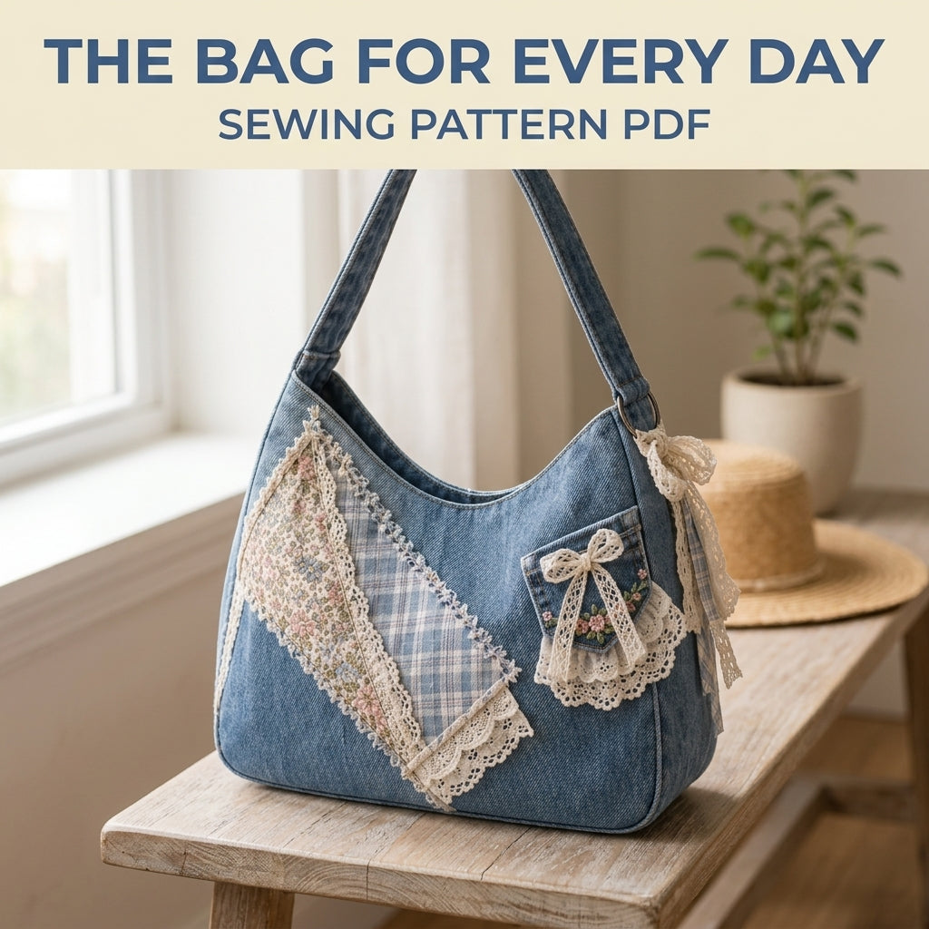Lace Patchwork Denim Shoulder Bag Sewing Pattern PDF – Upcycled Jeans Bag with Lace