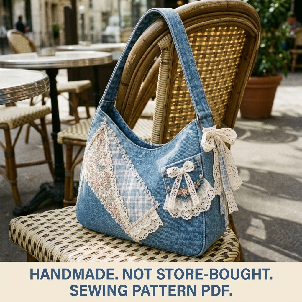 Lace Patchwork Denim Shoulder Bag Sewing Pattern PDF – Upcycled Jeans Bag with Lace
