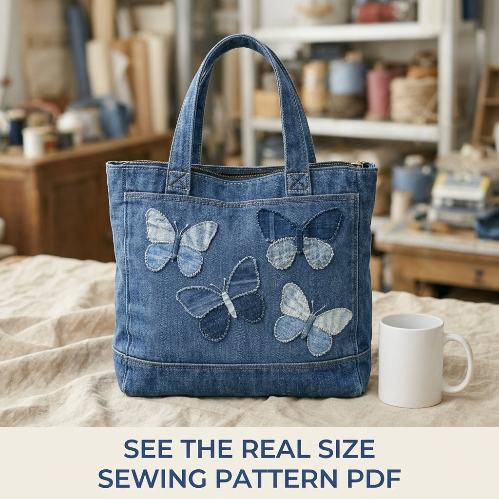 Denim Butterfly Zip Tote Sewing Pattern PDF – Upcycled Jeans Bag with Butterfly Appliqué