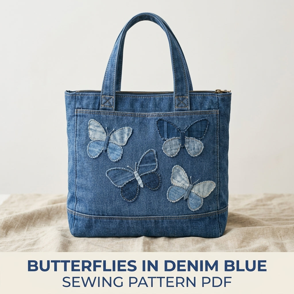 Denim Butterfly Zip Tote Sewing Pattern PDF – Upcycled Jeans Bag with Butterfly Appliqué