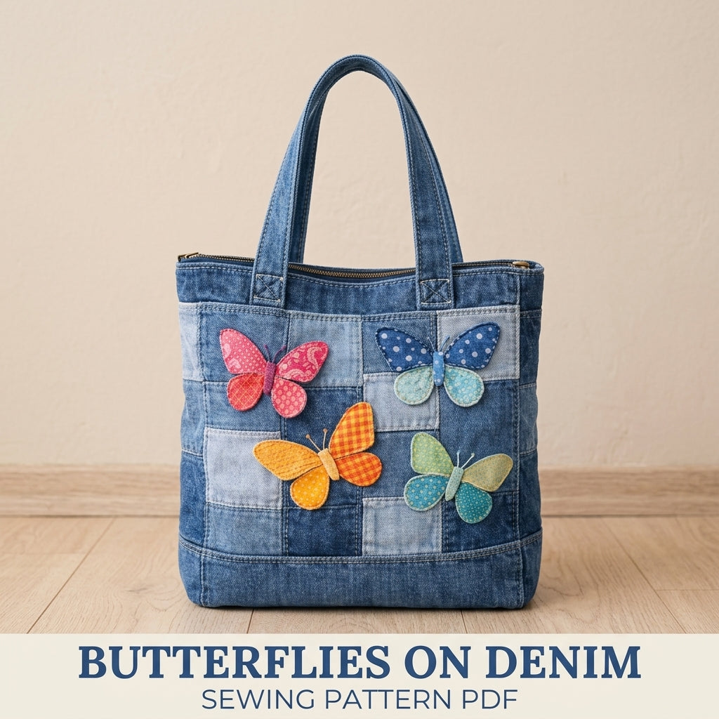 Patchwork Butterfly Denim Tote Sewing Pattern PDF – Upcycled Jeans Zip Bag