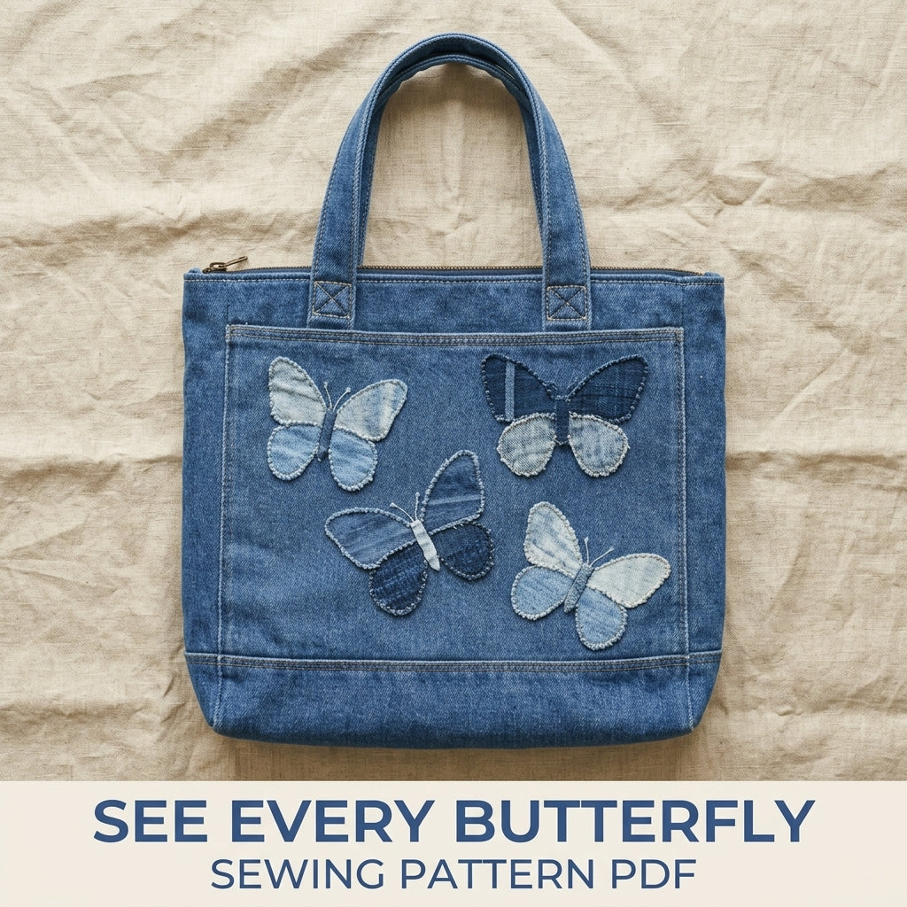 Denim Butterfly Zip Tote Sewing Pattern PDF – Upcycled Jeans Bag with Butterfly Appliqué