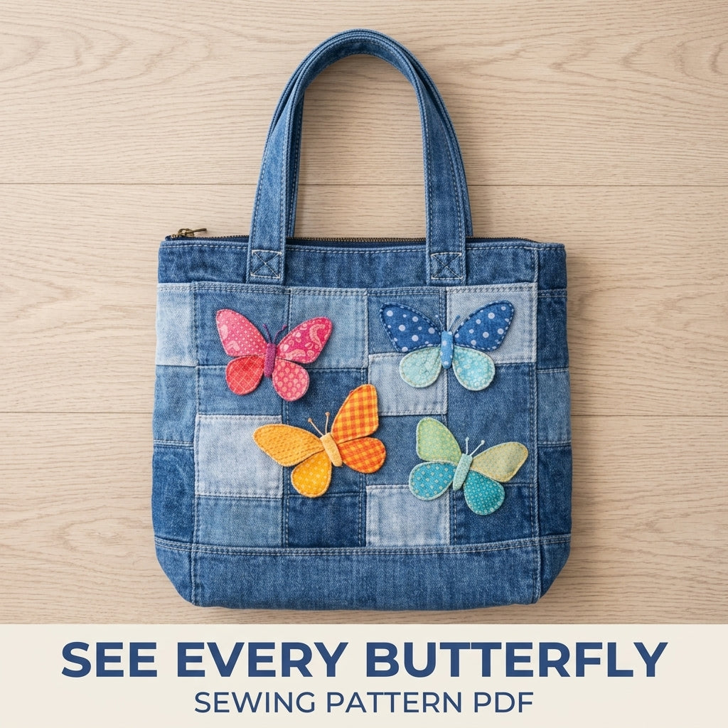 Patchwork Butterfly Denim Tote Sewing Pattern PDF – Upcycled Jeans Zip Bag