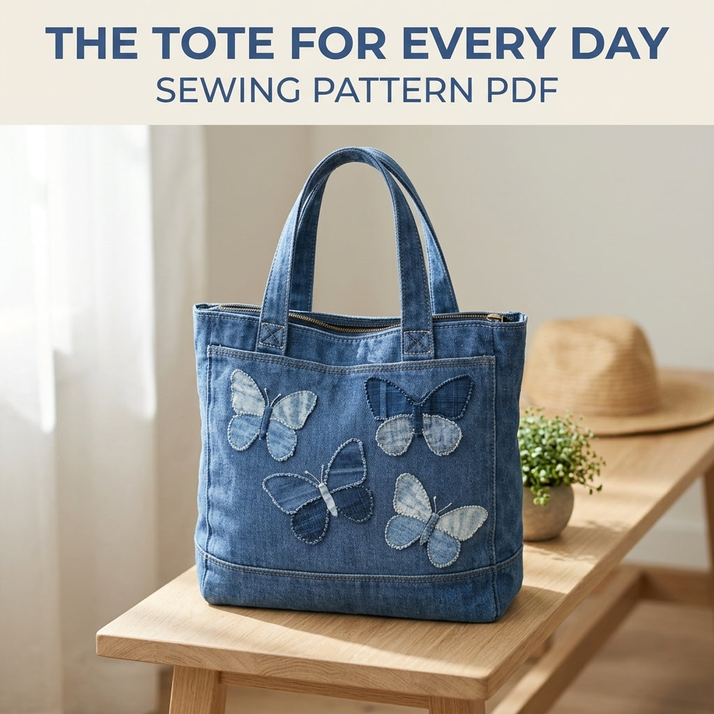 Denim Butterfly Zip Tote Sewing Pattern PDF – Upcycled Jeans Bag with Butterfly Appliqué