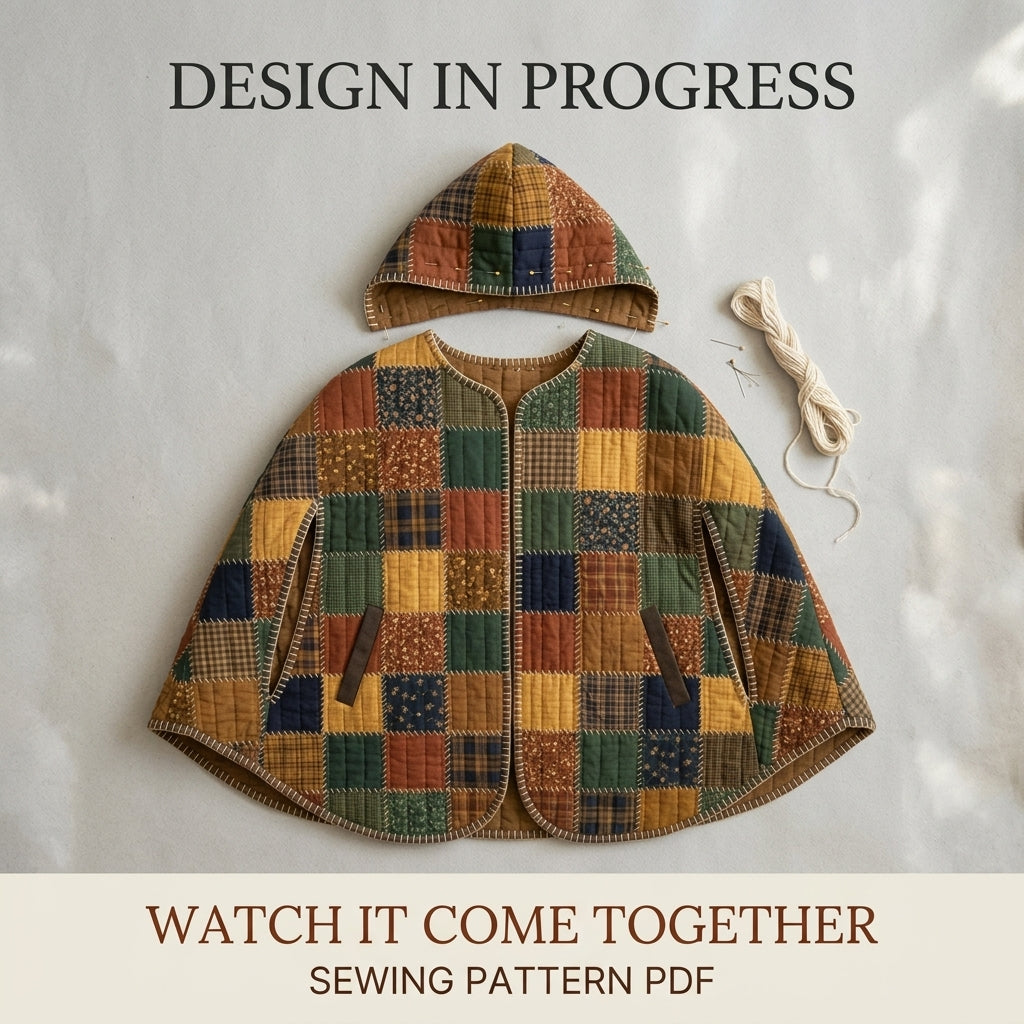 Hooded Patchwork Cape Sewing Pattern PDF – Quilted Autumn Cape with Hand Blanket Stitch Edges and Arm Slits