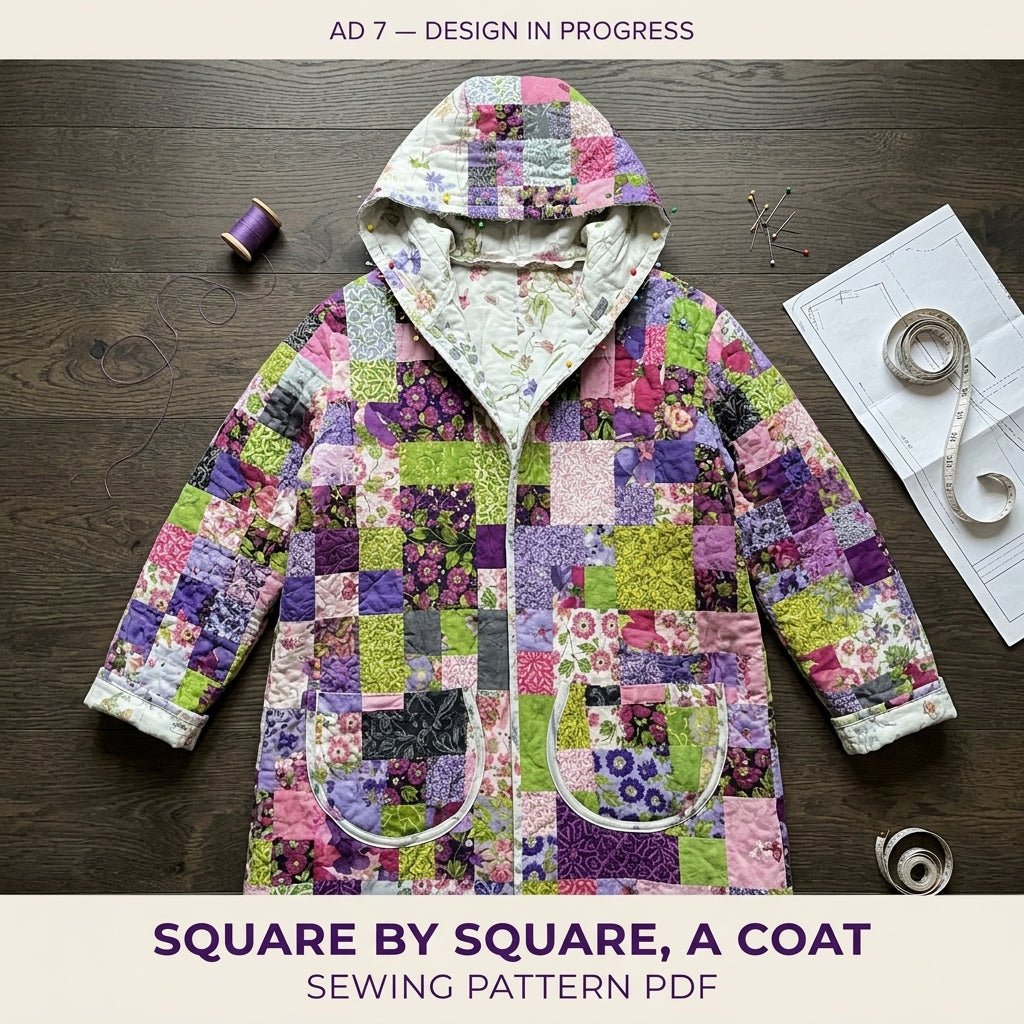 Hooded Patchwork Quilt Coat Sewing Pattern PDF – Long Quilted Coat with Hood