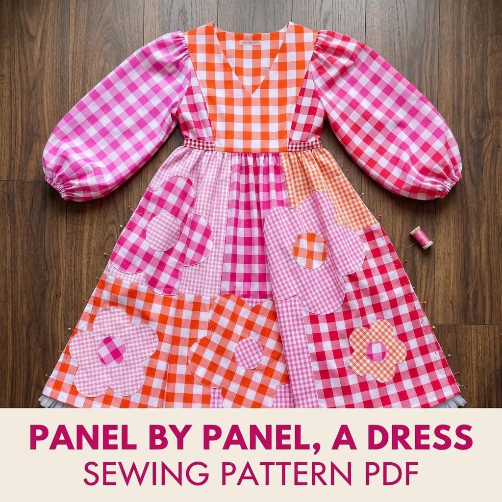 Gingham Flower Patchwork Dress Sewing Pattern PDF – Balloon Sleeve Midi Dress