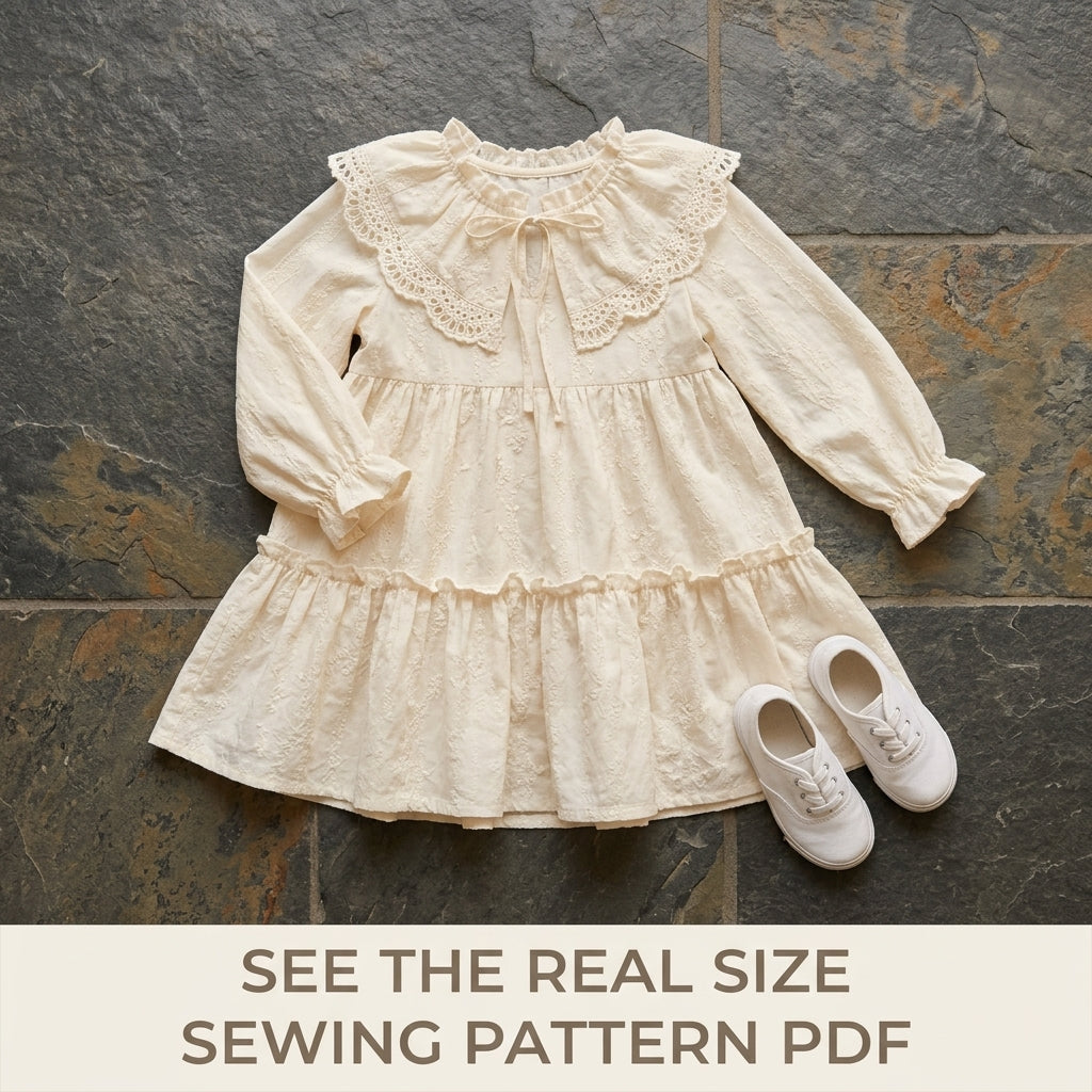 Girls Tiered Dress Sewing Pattern PDF – Eyelet Dress with Lace Collar