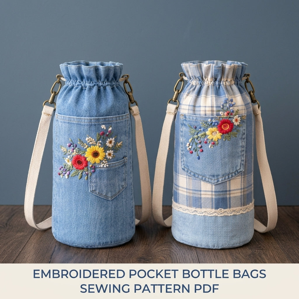Embroidered Pocket Bottle Bag Sewing Pattern PDF – Upcycled Jeans Bottle Holder