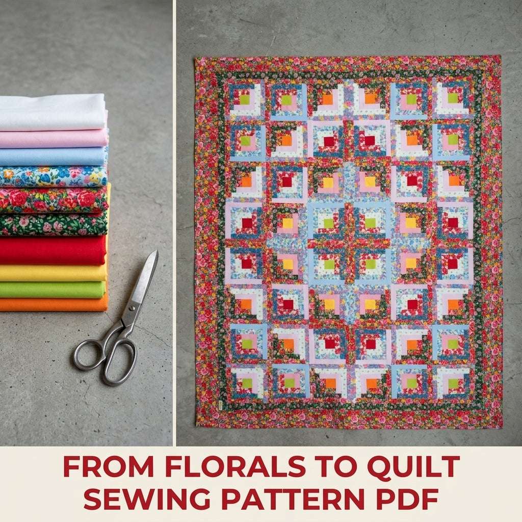 Bright Floral Log Cabin Quilt Sewing Pattern PDF – Classic Log Cabin with Rose Border