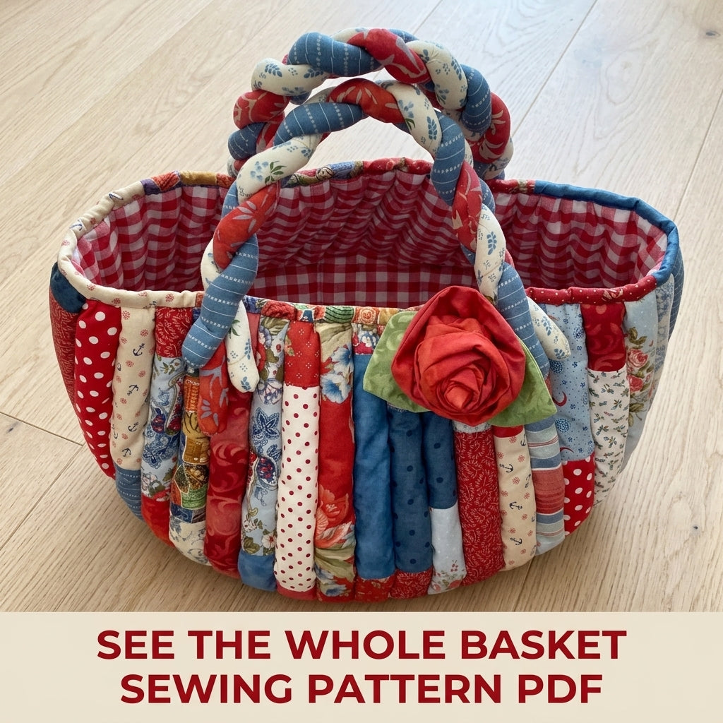 Braided Handle Strip Basket Sewing Pattern PDF – Scrappy Fabric Basket with Rose