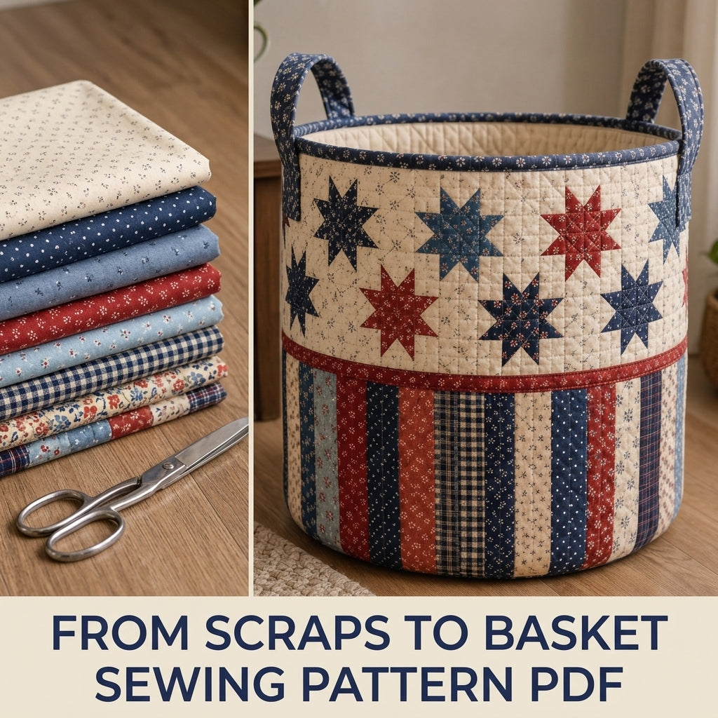 Stars and Stripes Quilted Basket Sewing Pattern PDF – Patchwork Star Storage Basket
