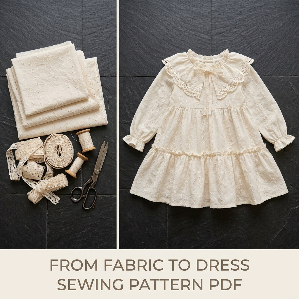 Girls Tiered Dress Sewing Pattern PDF – Eyelet Dress with Lace Collar
