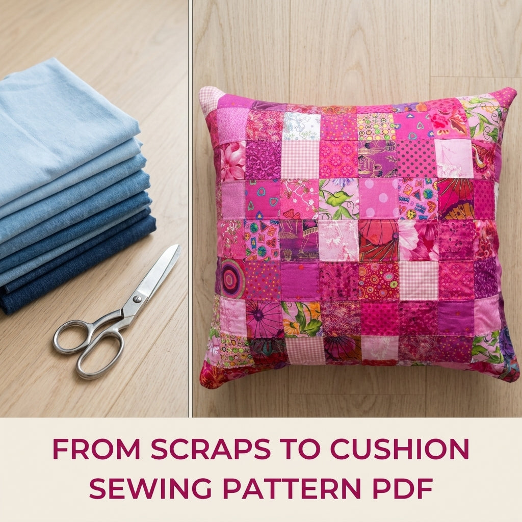 Pink Scrappy Patchwork Cushion Sewing Pattern PDF – Scrap Square Pillow Cover