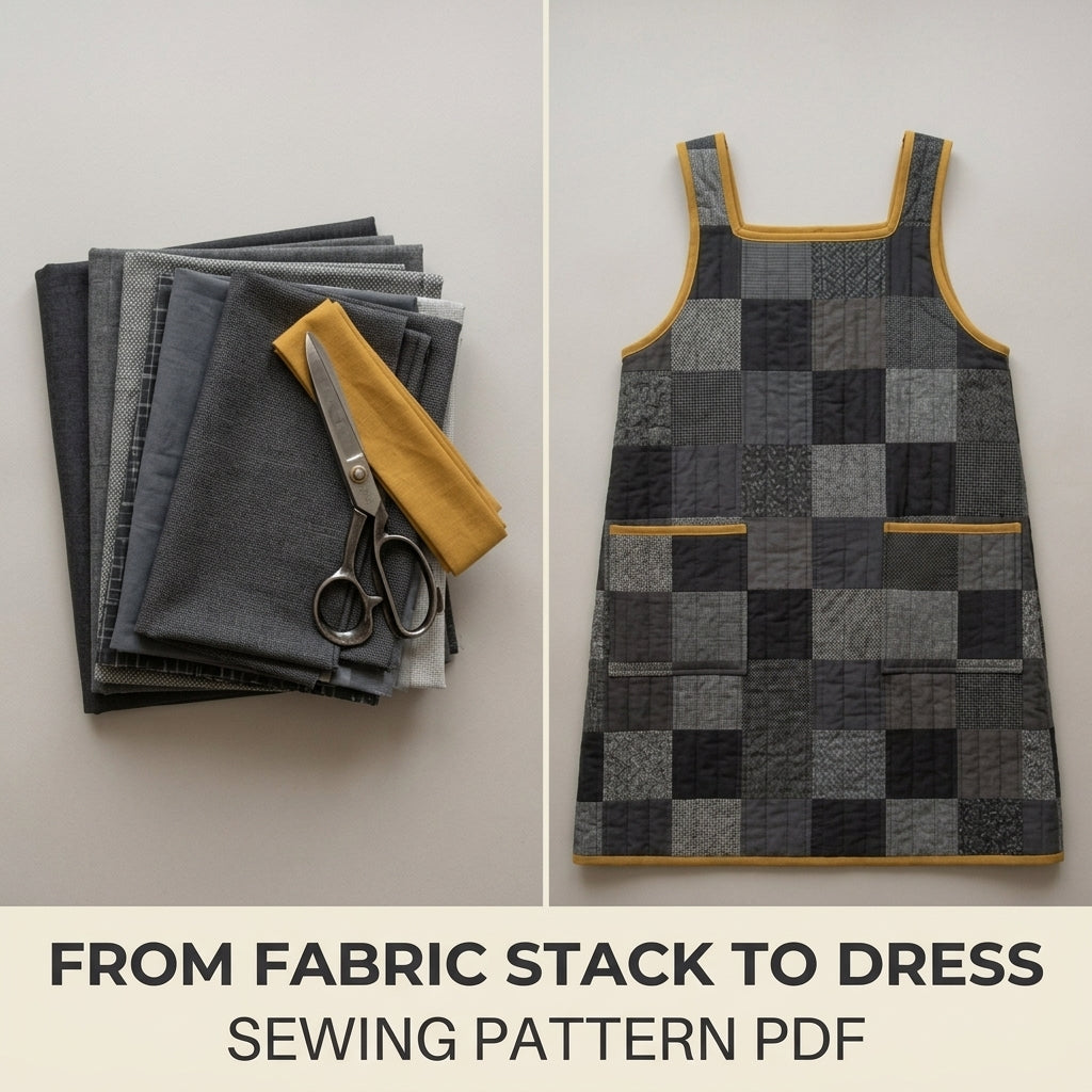 Quilted Pinafore Dress Sewing Pattern PDF – Patchwork Apron Dress with Square Neck and Pockets