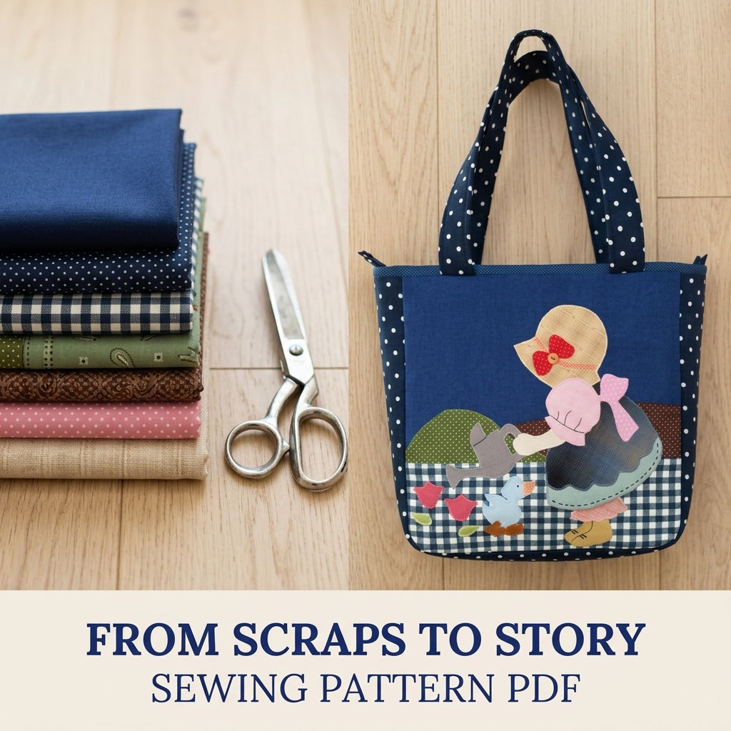 Sunbonnet Girl Appliqué Tote Sewing Pattern PDF – Zip Tote with Appliqué Scene