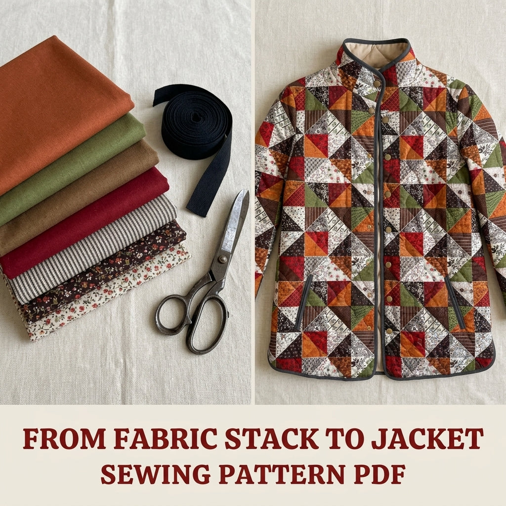 Triangle Patchwork Quilted Jacket Sewing Pattern PDF – Half-Square Triangle Quilt Coat with Stand Collar