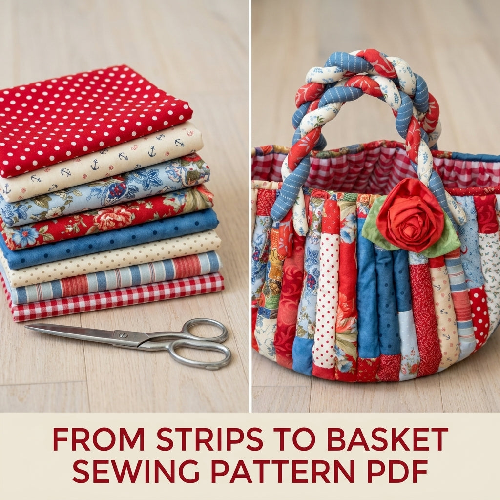 Braided Handle Strip Basket Sewing Pattern PDF – Scrappy Fabric Basket with Rose