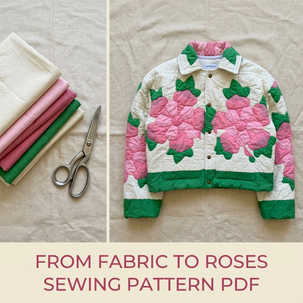 Rose Appliqué Quilted Jacket Sewing Pattern PDF – Cropped Quilt Jacket with Flowers