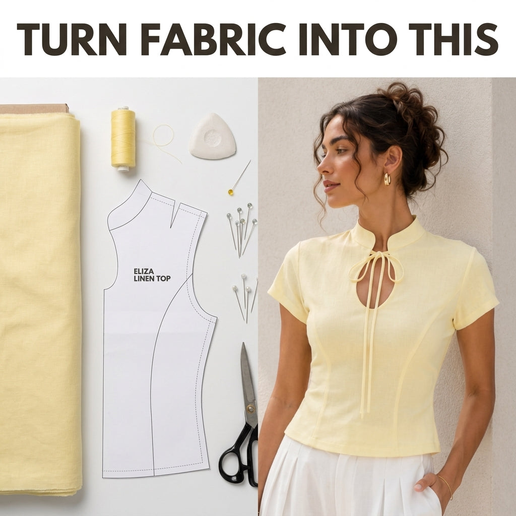 Fitted Top Sewing Pattern — Mandarin Collar Blouse with Keyhole Tie and Cap Sleeves, Sizes XS–3XL, A0 and A4 Layered PDF