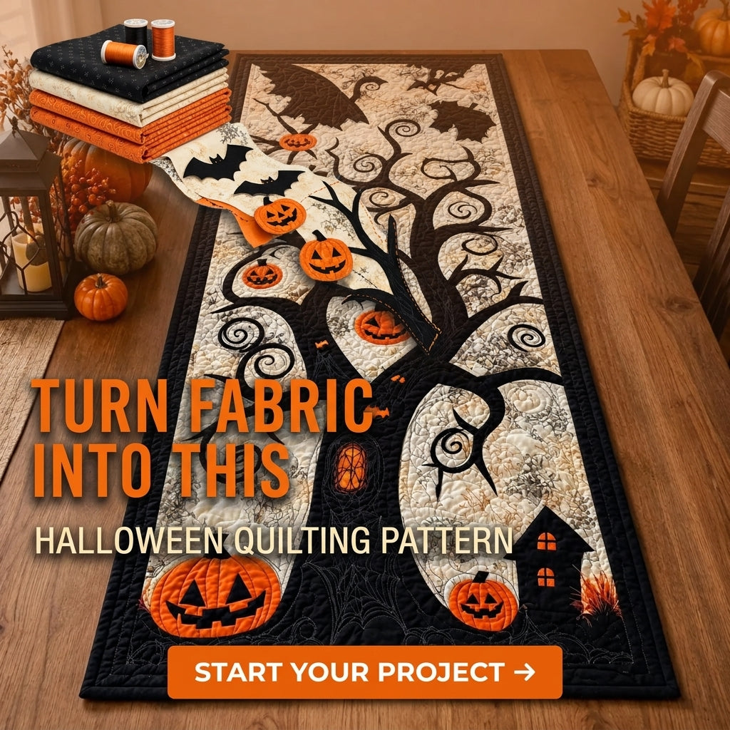 Halloween Table Runner PDF Quilt Pattern | Appliqué Spooky Tree with Jack-O'-Lanterns & Bats | Intermediate Quilting Project | Instant Download