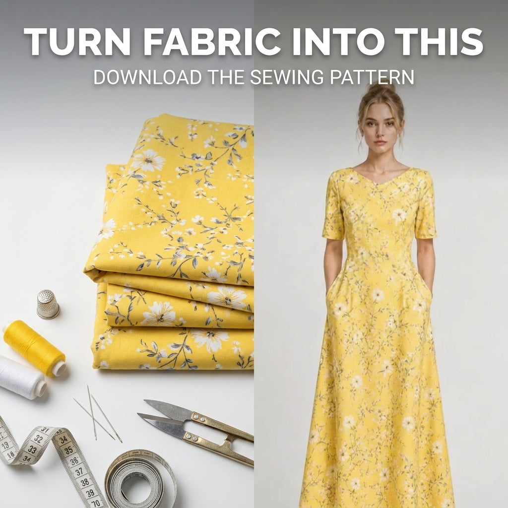 Midi Dress Sewing Pattern — Fitted V-Neck Dress with Flared Skirt and Side Pockets, Sizes XS–3XL, A0 and A4 Layered PDF
