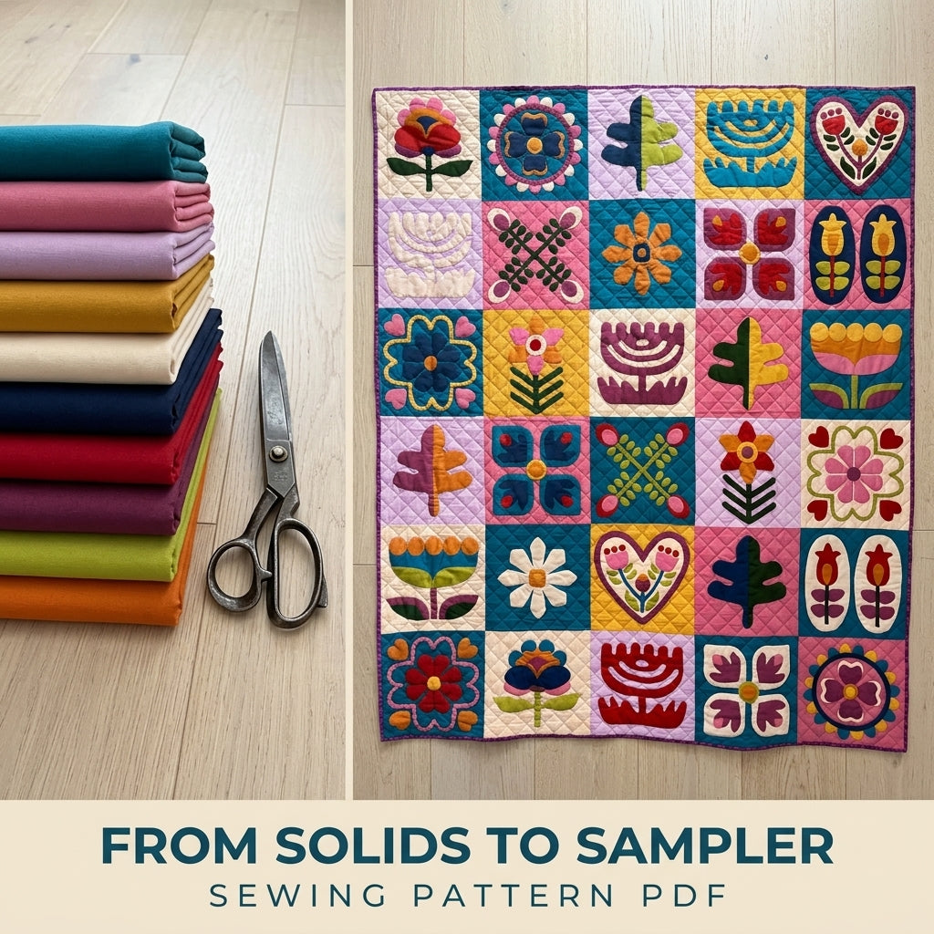 Folk Flower Sampler Quilt Pattern PDF – Scandinavian Appliqué Block Throw Quilt
