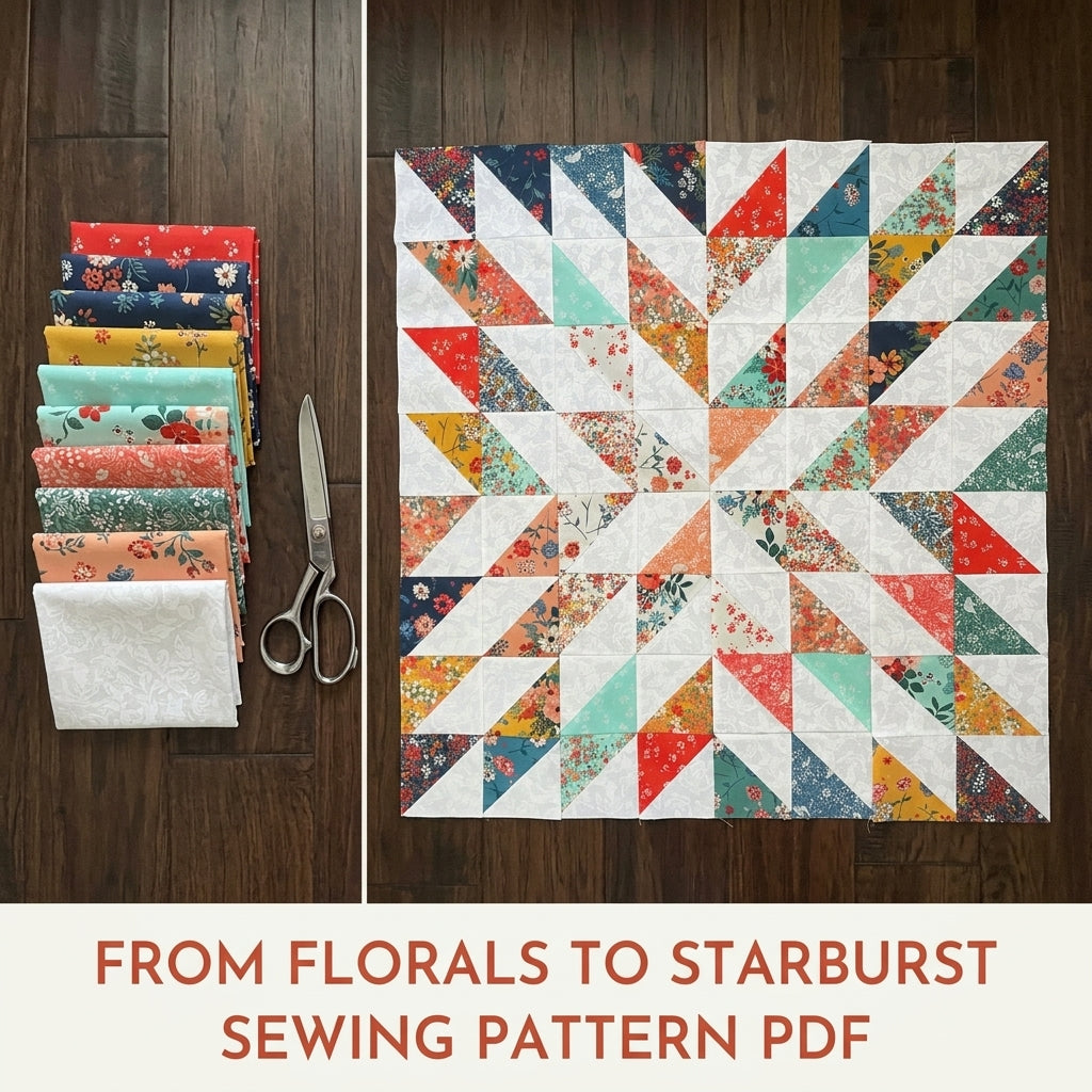 Floral Starburst Quilt Pattern PDF – Easy Half-Square Triangle Quilt for Fat Quarters