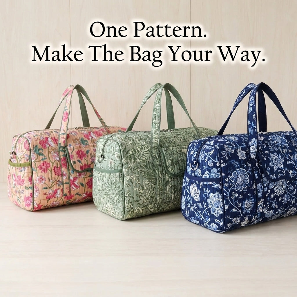 Quilted Duffle Bag Sewing Pattern — Weekender with Front Flap Pocket, Video Tutorial, English and French, A0 and A4 PDF