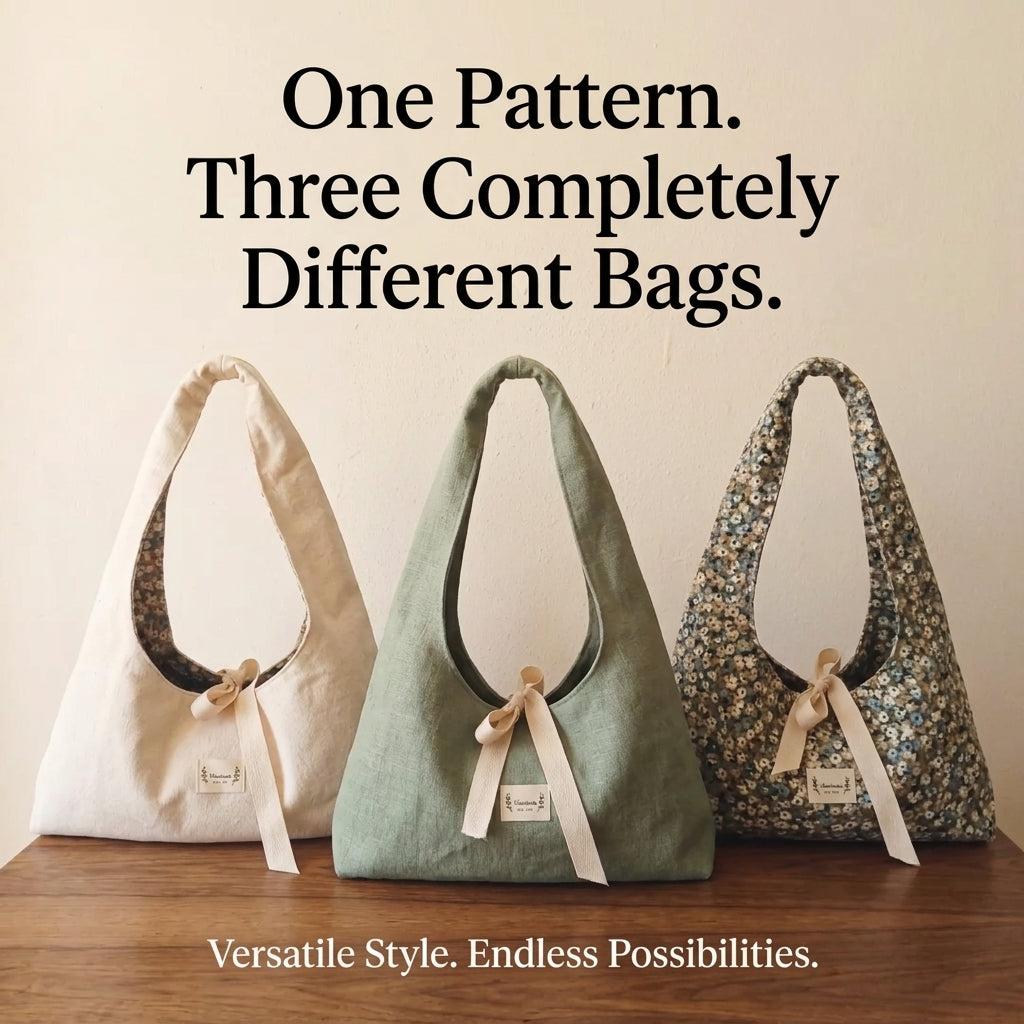 Canvas Hobo Bag Sewing Pattern — Slouchy Shoulder Bag with Bow Tie and Floral Lining, 2 Sizes, PDF Download