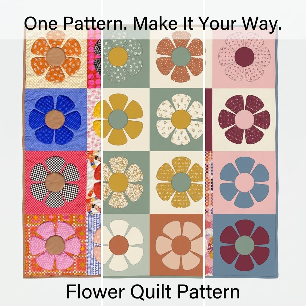 Retro Flower Quilt Pattern | Appliqué Petal Blocks in Scrappy Prints | Beginner Quilt with Full-Size Templates | PDF Instant Download
