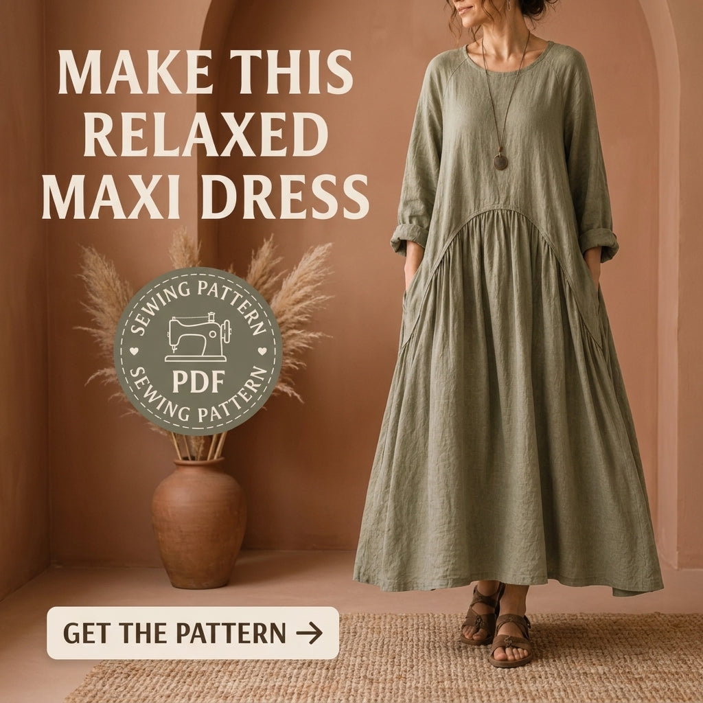 Boho Maxi Dress Sewing Pattern — Oversized Linen Dress with Deep Pockets, No Zips or Buttons, US 6–28W, A0 and A4 PDF