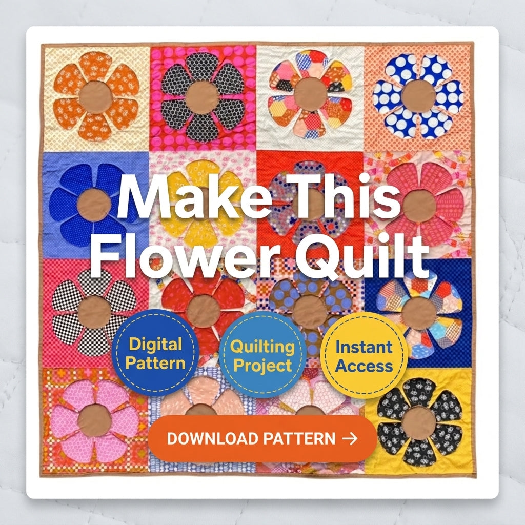 Retro Flower Quilt Pattern | Appliqué Petal Blocks in Scrappy Prints | Beginner Quilt with Full-Size Templates | PDF Instant Download