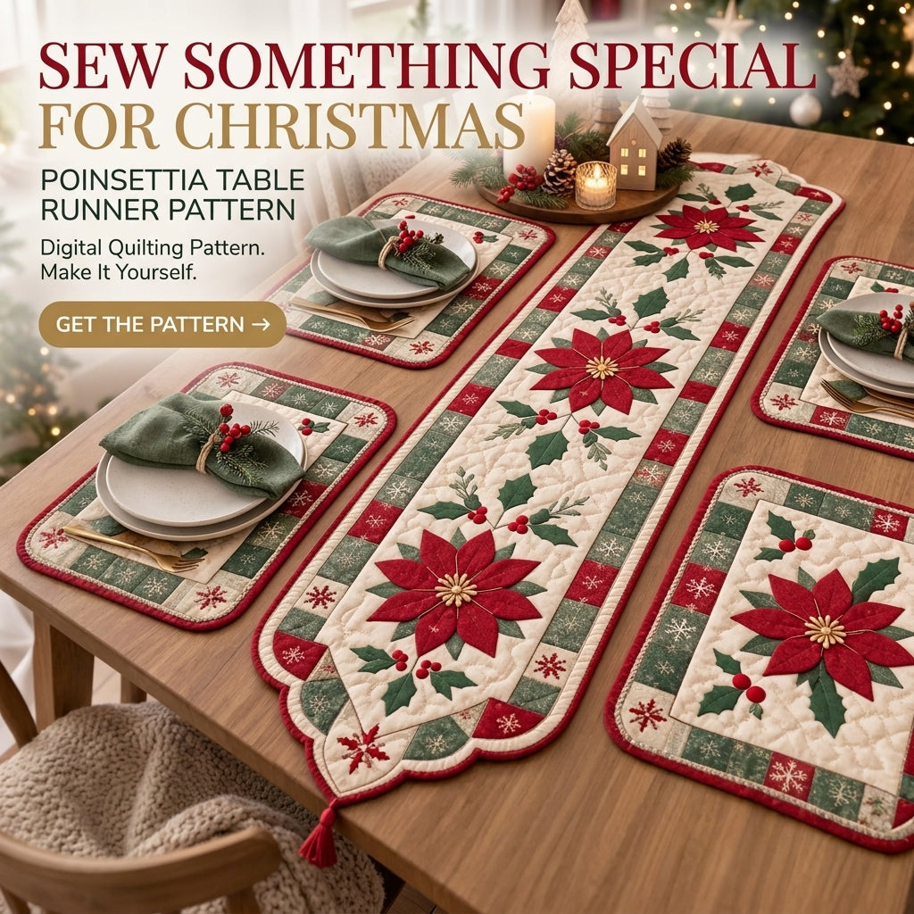 Poinsettia Christmas Table Runner & Placemats Quilt Pattern | Appliqué Runner Plus 4 Placemats | Scandinavian Holiday Table Set | PDF Instant Download