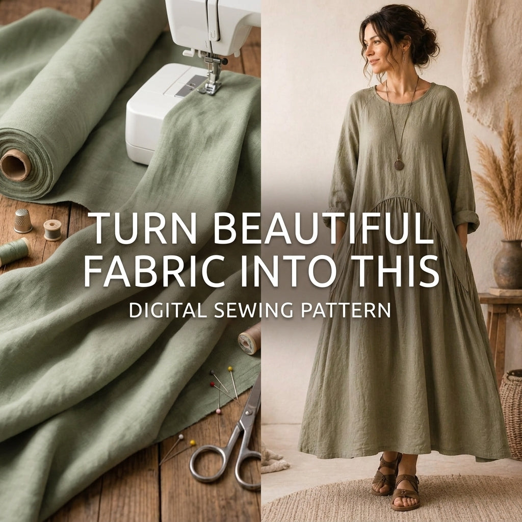 Boho Maxi Dress Sewing Pattern — Oversized Linen Dress with Deep Pockets, No Zips or Buttons, US 6–28W, A0 and A4 PDF