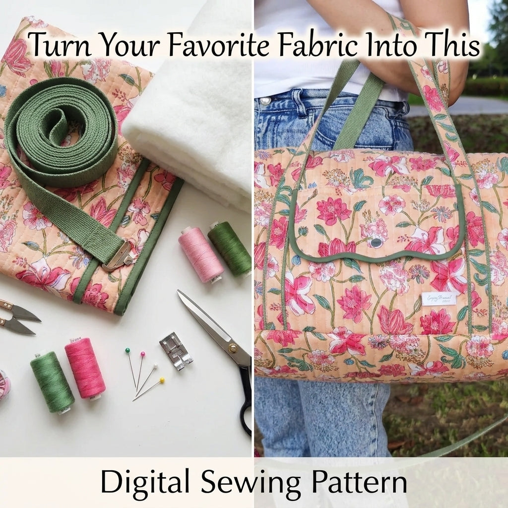 Quilted Duffle Bag Sewing Pattern — Weekender with Front Flap Pocket, Video Tutorial, English and French, A0 and A4 PDF