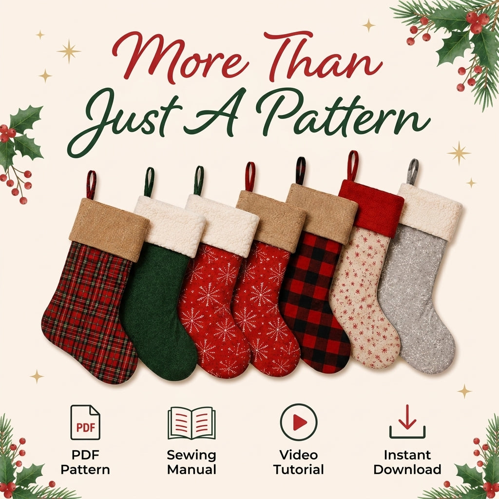 Fold-Over Christmas Stocking PDF Sewing Pattern | 6 Sizes XS to XXL | Lined Cuffed Stocking | Instant Download