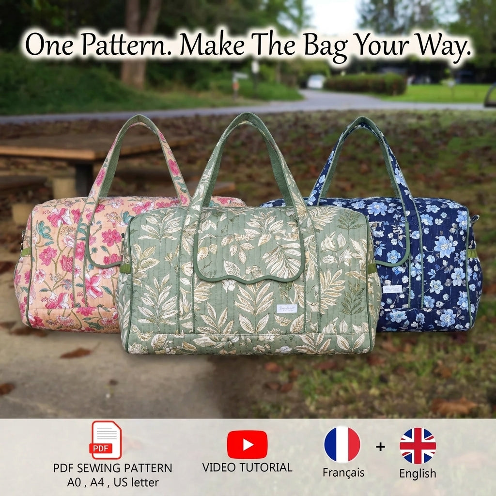 Quilted Duffle Bag Sewing Pattern — Weekender with Front Flap Pocket, Video Tutorial, English and French, A0 and A4 PDF