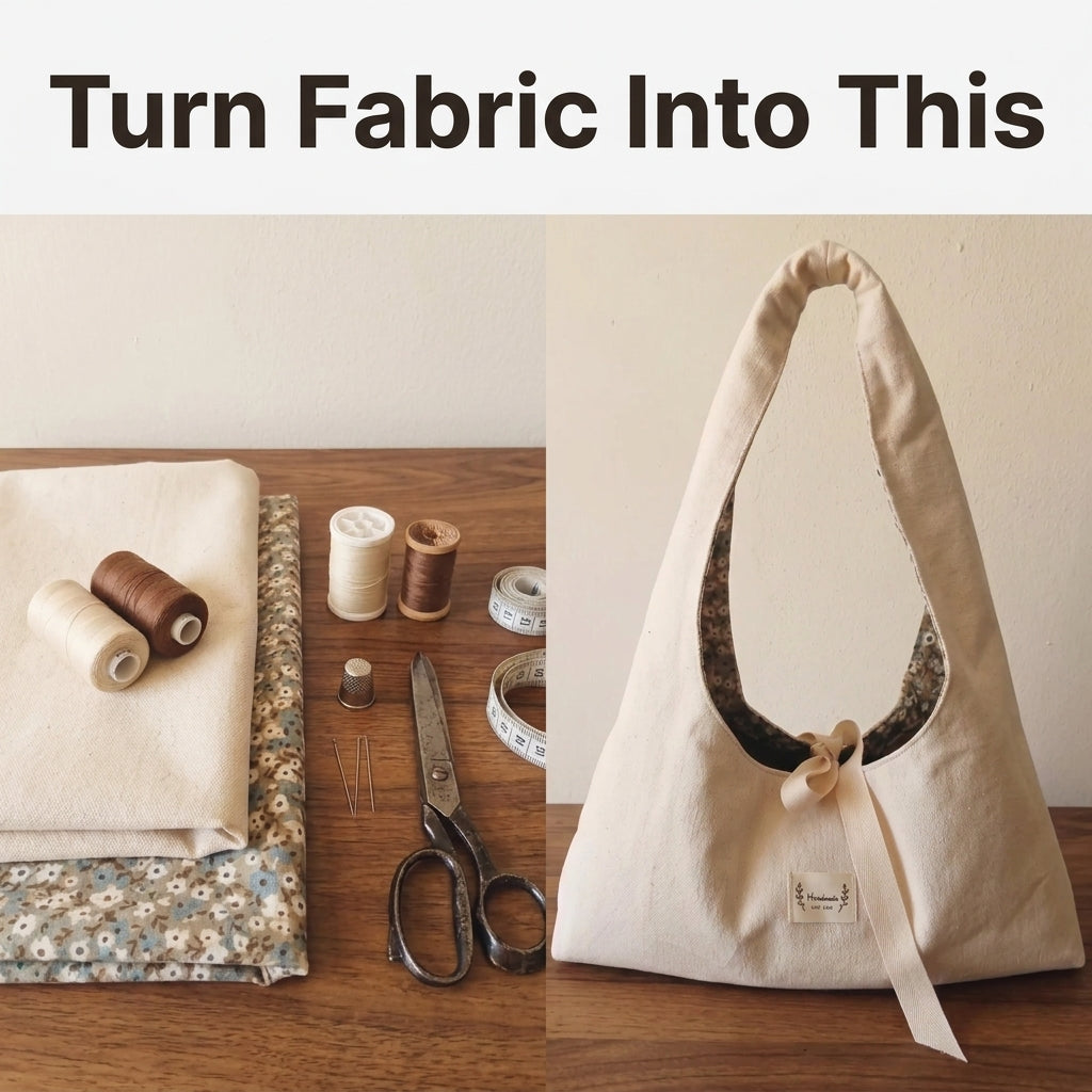 Canvas Hobo Bag Sewing Pattern — Slouchy Shoulder Bag with Bow Tie and Floral Lining, 2 Sizes, PDF Download