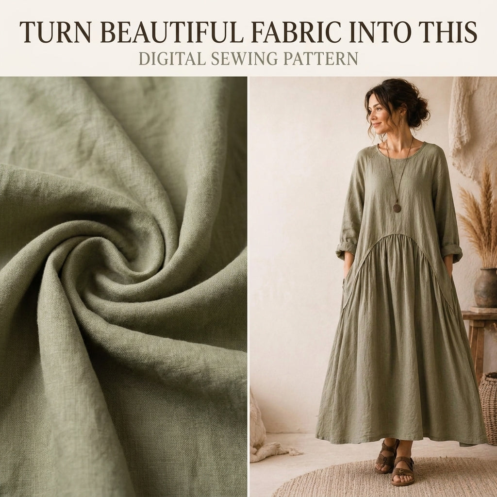 Boho Maxi Dress Sewing Pattern — Oversized Linen Dress with Deep Pockets, No Zips or Buttons, US 6–28W, A0 and A4 PDF