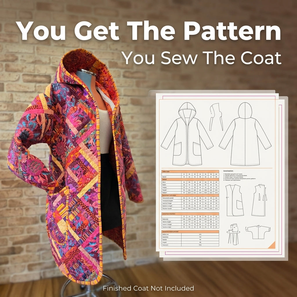 Quilt Coat Sewing Pattern — Longline Hooded Patchwork Coat with Bound Edges, Sizes XS–3XL, A0 and A4 PDF